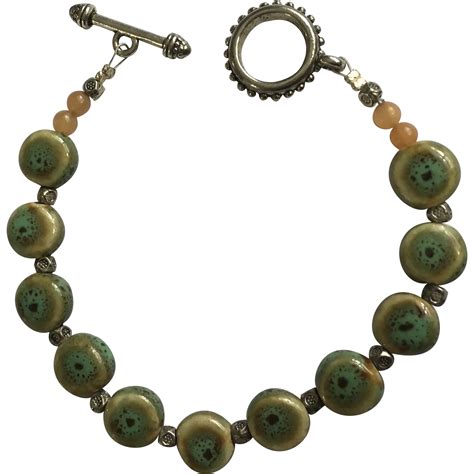 Polished Green Porcelain Beaded Bracelet With T Bar Clasp Beaded