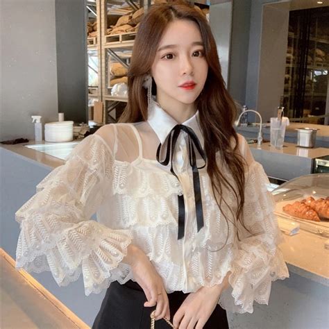 Vintage Lace Ruffles Ruched White Blouse Shirt Women 2 Pieces Turn Down Loose Female Tops Casual
