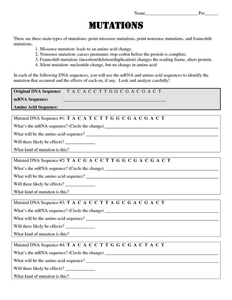 Dna Mutations Practice Worksheet Answer