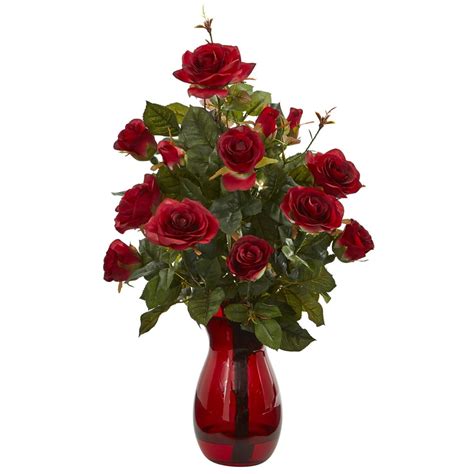 Nearly Natural Garden Rose Artificial Arrangement In Red Vase Walmart