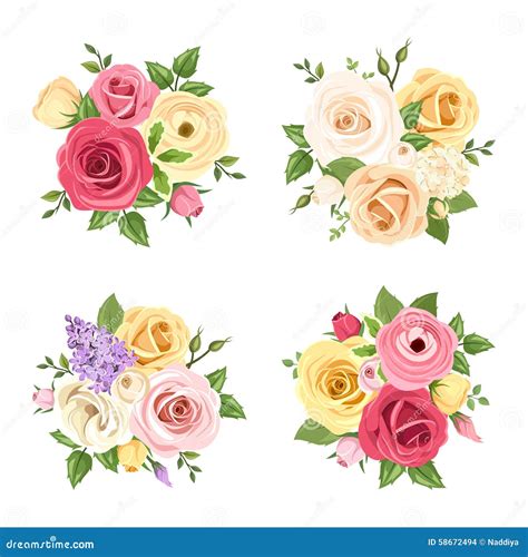 Bouquets Of Colorful Flowers Vector Set Of Four Illustrations Stock
