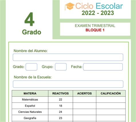 Examen Trimestral Cuarto 4to Grado Bloque 1 2022 2023