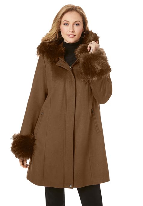 Jessica London Womens Plus Size Hooded Faux Fur Trim Coat Winter Wool