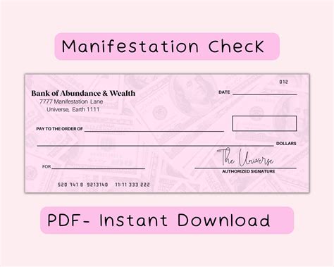 Money Manifestation Checks Law Of Attraction Abundance Check Printable For Vision Board
