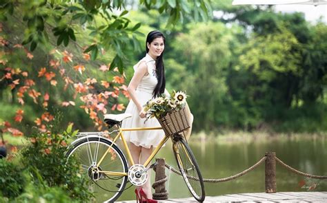 Smile Asian Girl White Dress Bike Park Hd Wallpapers