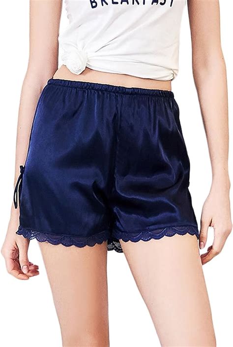 Womens Silk Satin Boxer Sleepwear Lounge Shorts Lace Trim And Side