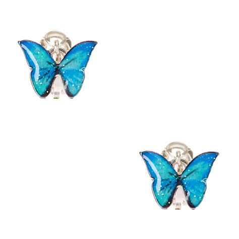 Claire S Girl S Glittery Blue Butterfly Clip On Drop Earrings Claire S