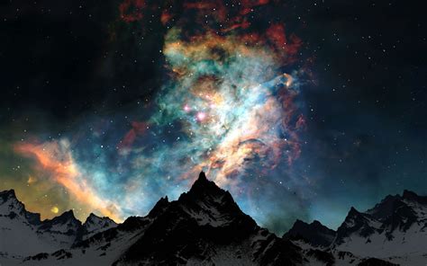 Space Stars Nebula Galaxy Mountains Snowy Peak Space Art Earth