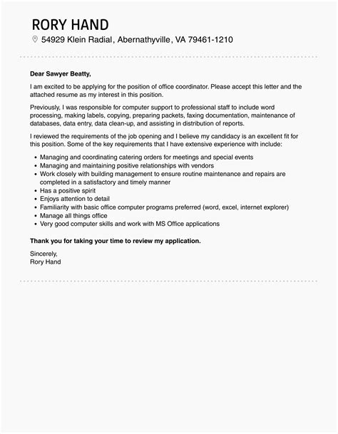 Office Coordinator Cover Letter Velvet Jobs