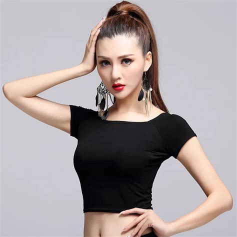Black Sexy Adult Professional Latin Dance Tops Short Sleeved Dance Clothes Fashion Short Style