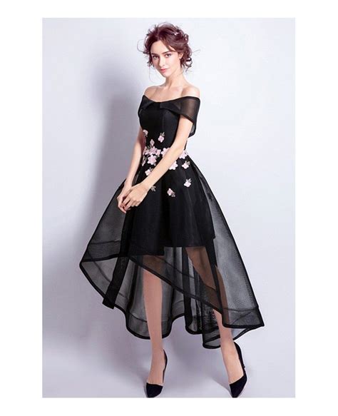 Black A Line Off The Shoulder High Low Tulle Formal Dress With Embroidery Tj058 130