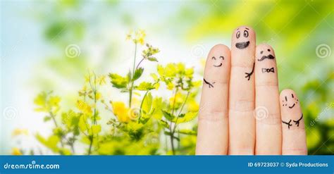 Close Up Of Fingers With Smiley Faces Over Nature Stock Image Image