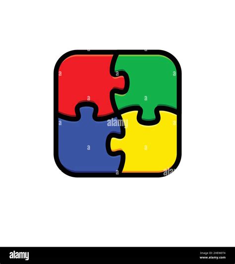 4 simple symmetrical colored puzzle pieces connected together line drawing logo blue green