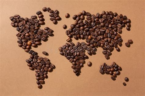 World Map Made With Coffee Beans On Brown Background Stock Photo