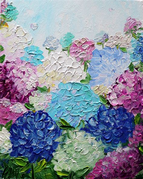 Colorful Hydrangeas Garden Original Oil Painting Flowers Landscape