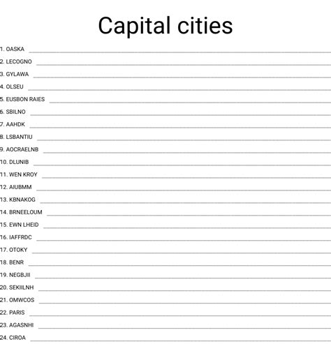 Capital Cities Word Scramble Wordmint