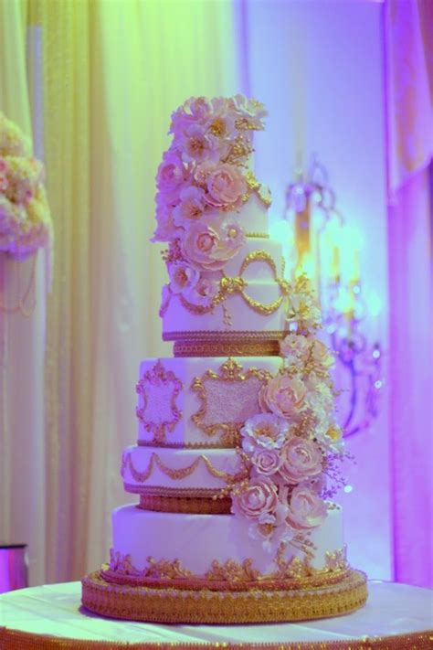 Classic White Wedding Cake Peach Gold Cascading Blooms