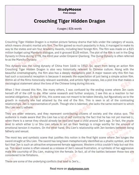Crouching Tiger Hidden Dragon Free Essay Example