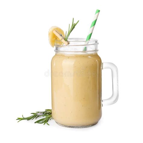 Mason Jar Of Tasty Banana Smoothie With Straw On White Background Stock Image Image Of Food