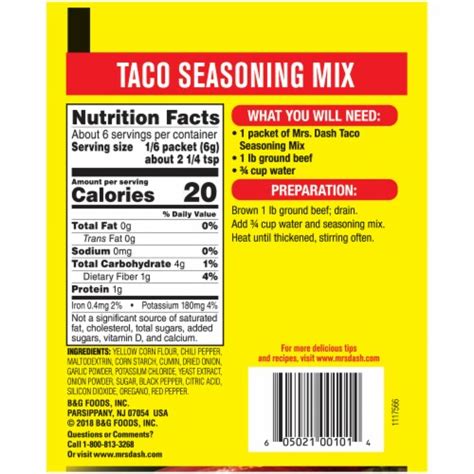 Mrs Dash Salt Free Taco Seasoning Mix 125 Oz Kroger