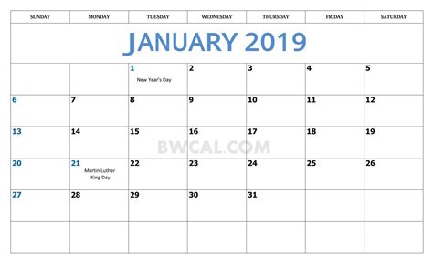 January 2019 Calendar Usa With Holidays Monthly Calendar Printable