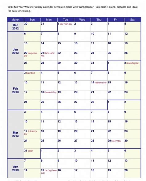 4 Month Calendar Template