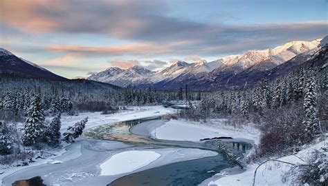 Nature Landscape River Snow Winter Mountain Forest Pine Trees