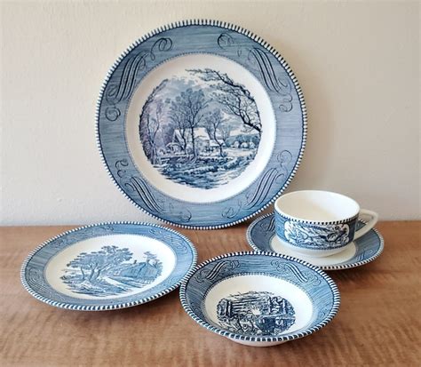 Vintage Currier And Ives Blue Dinnerware Set 23 Piece Set For 4 Etsy