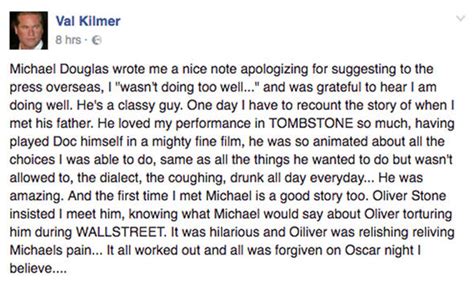 Val Kilmer Reveals Michael Douglas Has Apologised To Him After