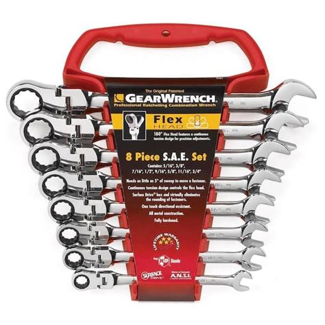 Gearwrench Sae 72 Tooth Flex Head Combination Ratcheting Wrench Tool Set 8 Piece 9701 The