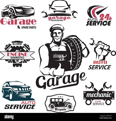 Garage Auto Parts And Spare Emblems Set Auto Services And Workshop