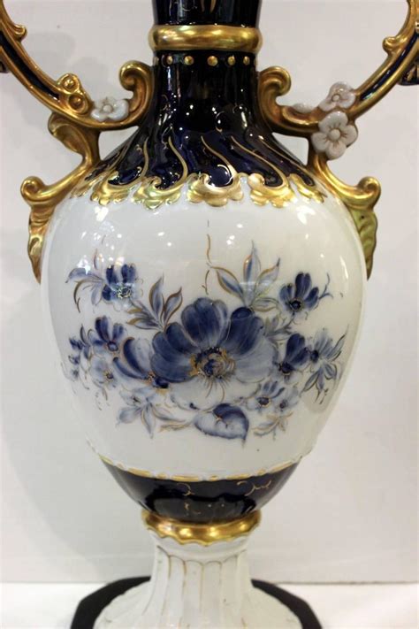 Pair Of Royal Dux Hand Painted Cobalt And Gilt Mantle Urns For Sale At