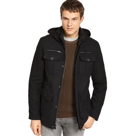 Guess Coats Military Style Hooded Pea Coat In Black For Men Lyst