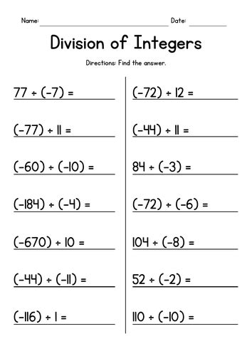 Division Of Integers Worksheets Teaching Resources