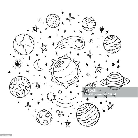 Doodle Solar System Hand Drawn Sketch Planets Cosmic Comet And Stars