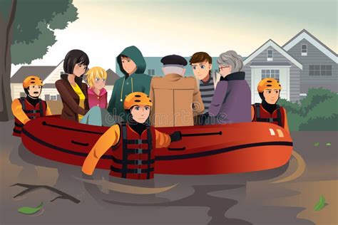 Rescue Team Helping People During Flooding Stock Vector Illustration