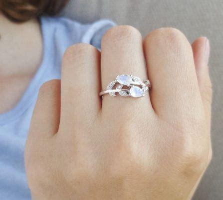 Moonstone Floral Engagement Ring Leaves Nature Rainbow Moonstone Ring