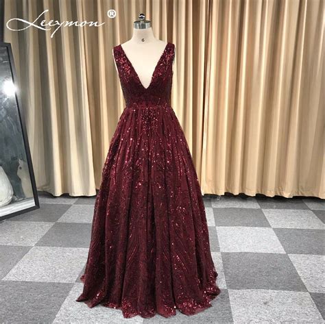Wine Red Sequined Lace Prom Dress A Line 2018 V Neck Sexy Open Back Dark Red Evening Dresses