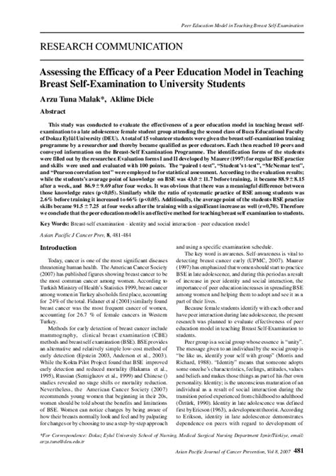 Pdf Assessing The Efficacy Of A Peer Education Model In Teaching Breast Self Examination To
