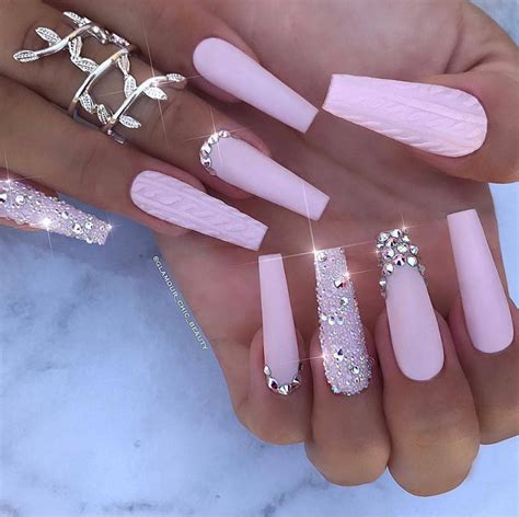 20 Shiny Light Pink Coffin Nail Art Design To Try In 2019 Rhinestone
