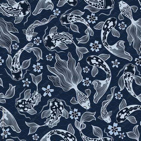 Japanese Koi Fish Vector Seamless Pattern In Deep Blue Colors For