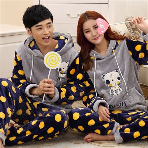 Couples Pajamas Winter Love Men Sleepwear Flannel Pyjamas Women With Hat Sleep Cartoon Couple S