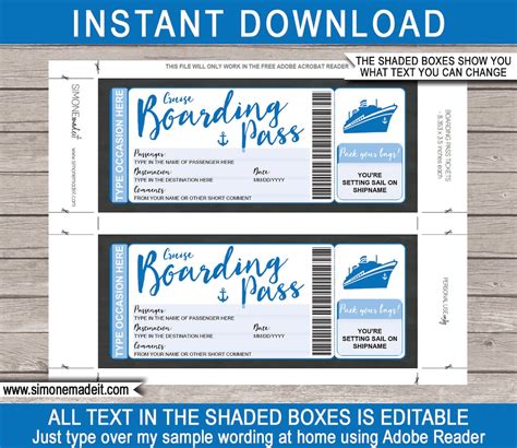 Printable Cruise Ticket Template Boarding Pass T Any Etsy