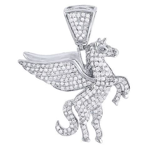 Diamond Pegasus Pendant 10k White Gold Round Flying Winged Horse Charm