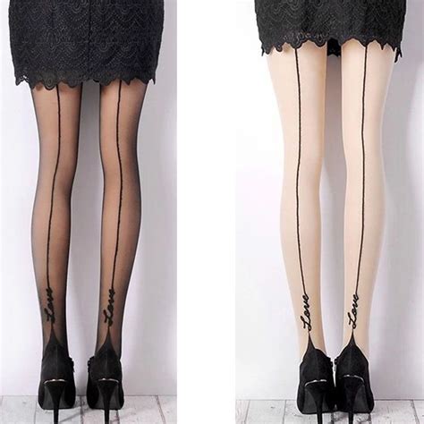 women s sexy love tattoo back side line stockings pantyhose tights opaque ebay