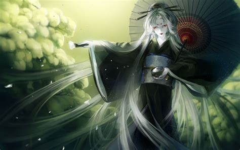Girl In Black Kimono Parasol White Hair Geisha Art Fantasy Art Anime
