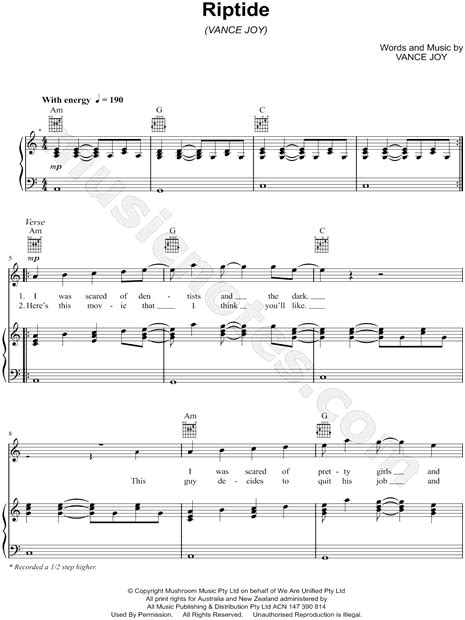 Vance Joy Riptide Sheet Music In C Major Transposable Download