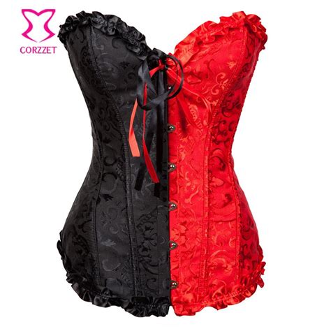 Women Dobby Burlesque Corsets And Bustiers Overbust Sexy Red And Black