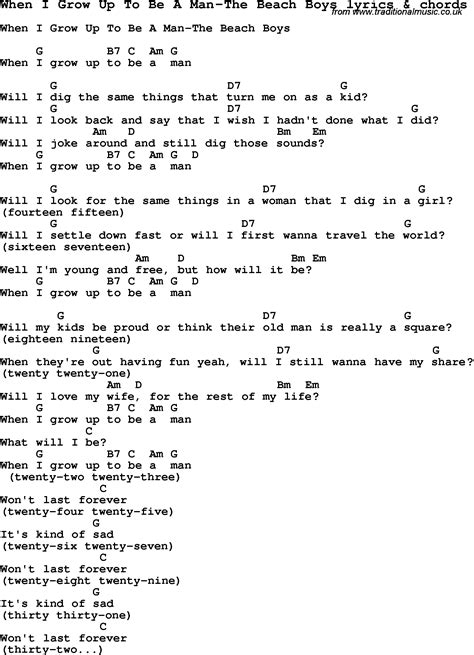 Most famous songs of the beach boys according to number of visits. Love Song Lyrics for:When I Grow Up To Be A Man-The Beach Boys with chords.