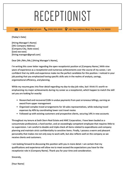 The take the lead in train. Receptionist Cover Letter Example | Resume Genius